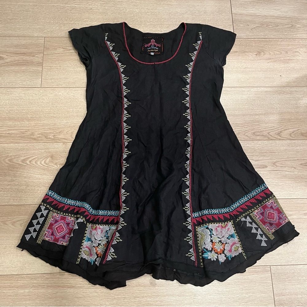 Johnny Was Black Linen Embroidered Scoop Neck Swing Tunic Mini Dress Size XS